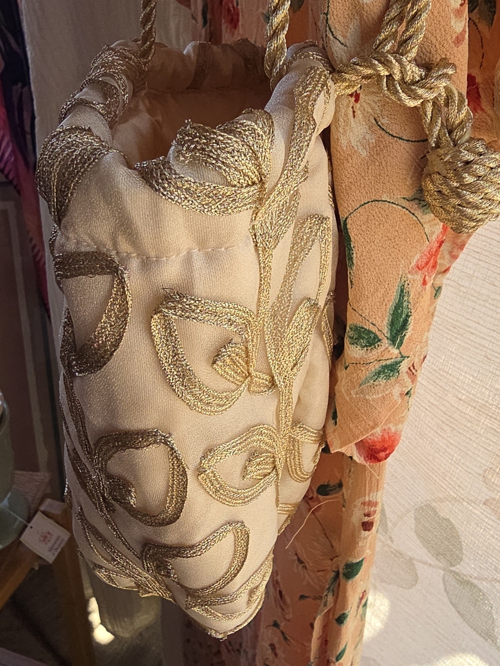 Vanessa Elegant Cream and Gold Embroidered Drawstring Dress Bag